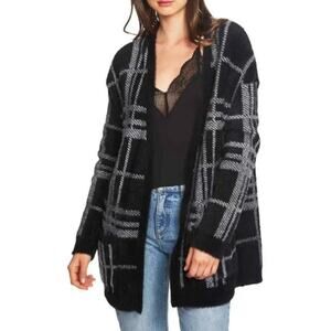 1.STATE Oversized Slouchy Fluffy Plaid Button Front Cardigan w/Pockets Black M